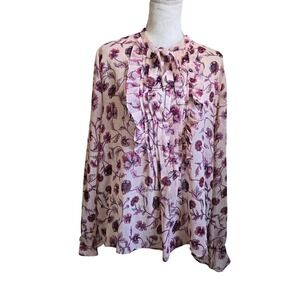 For Love & Lemons Sz M‎ Floral Ruffle Tie Neck Blouse Pink Purple Long Sleeve